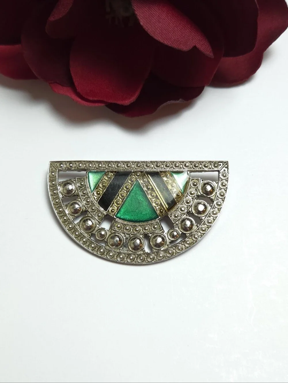 Vintage Pierre Bex Style Green & Black Enamel Silver  Half Circle Brooch